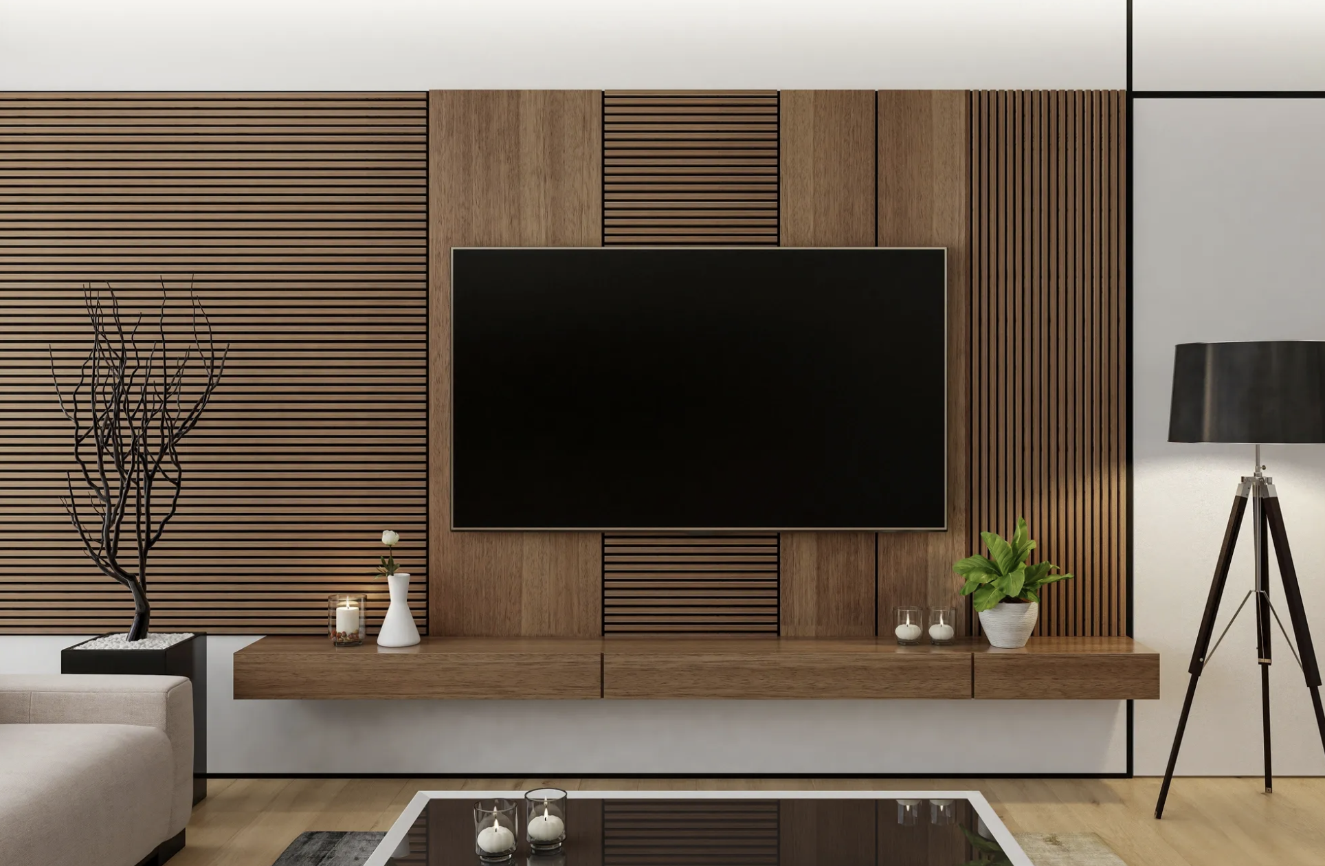 Bespoke media wall with TV and fireplace in Cambridge by Cromwell Interiors